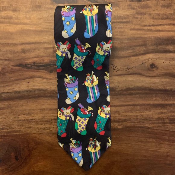 Retro Stocking Christmas‎ Holiday Imported Silk Tie - Picture 1 of 5